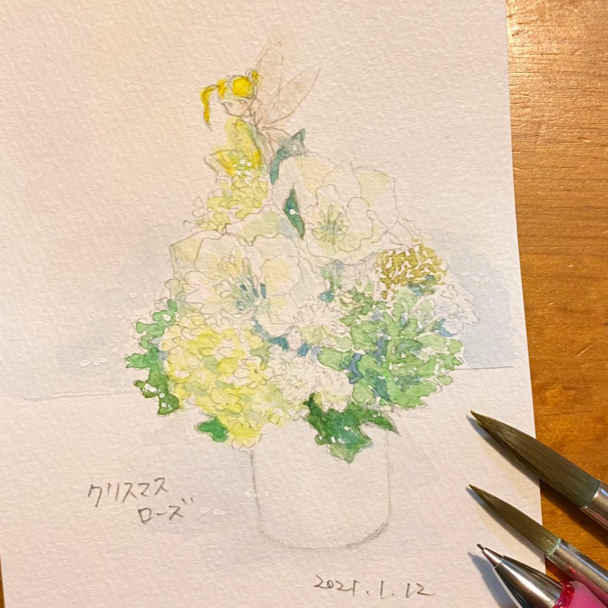 このか 子乃花堂 お花の絵リクエストしていただきました シンプルでお洒落なアレンジメント 1日1絵 イラスト 水彩 イラスト Illustration Watercolor クリスマスローズ