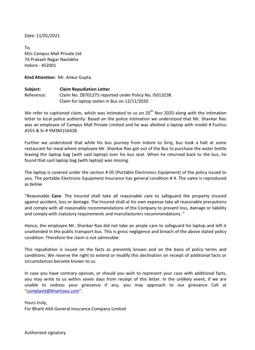 CampusMall's tweet image. @BhartiAXAGI  believes that an employee going to washroom while traveling and leaves his laptop bag on his reserved seat in a private bus as GROSS NEGLIGENCE #CLAIMDENIED @_Ensure_Insure #insuranceLoot #notIntendtopay #avoidBhartiAxa #insurerWhoDontPayClaim