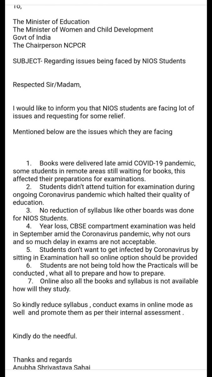 NidhiTanejaa's tweet photo. #NIOS students have been urging board to reduce syllabus, hold exams in online mode, promote as per internal assessment. India Wide Parents’ Association writes letter to Education Minister. @anubha1812 https://t.co/UvUbEg5zFX