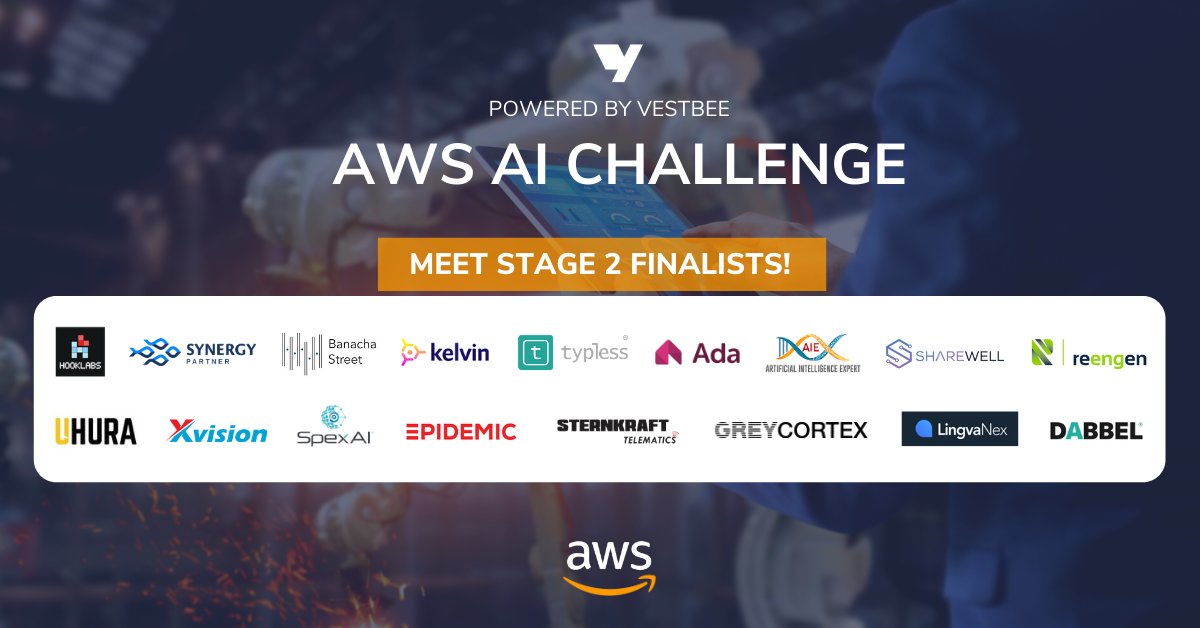vestbee_com's tweet image. It&apos;s about time to announce the Stage 2 Finalists of the AWS AI CHALLENGE 🏆 After months of developing their AI-based solution 💻 we are happy to finally present you startups singled out by our experts!
Huge congratulations 🎉 to finalists and special thanks to our partners!