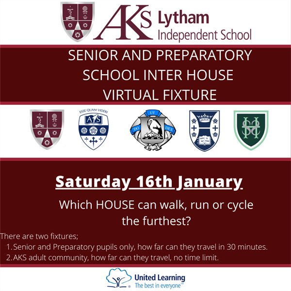 AKSSport's tweet photo. Virtual Fixture Challenge along with a whole school Inter House competition. Saturday 16th January. Let’s have as many of our AKS community out being active. 205 took part last time let’s see if we can get even more participating. Every mile counts. @AKSSchool @AKSPrepSchool https://t.co/DWYdSATczF