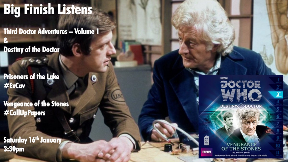 IreneWildthyme's tweet photo. #BigFinishListens returns on Saturday (in honour of Richard's birthday on Friday 15th). We have Prisoners of the Lake from Third Doctor, Vol 1 and Vengeance of the Stones (3:30pm) and on Sunday we have The Mahogany Murderers! (6pm) Thanks to @Ode_Ollie and @A_Common_James ! Xxx https://t.co/qqiJOBmldO