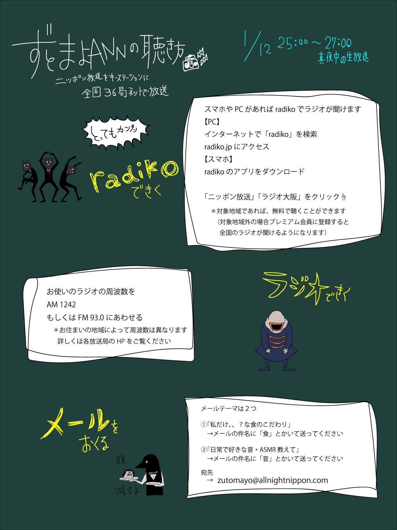 ずっと真夜中でいいのに ｽﾀｯﾌ ラジオのききかた 今晩1 12 火 25 00 ずっと真夜中でいいのに のオールナイトニッポン 全国36局ネットです T Co Hmlnd2m6dq Radikoでもきけます T Co Krhcuev00g メールメッセージもお待ちして