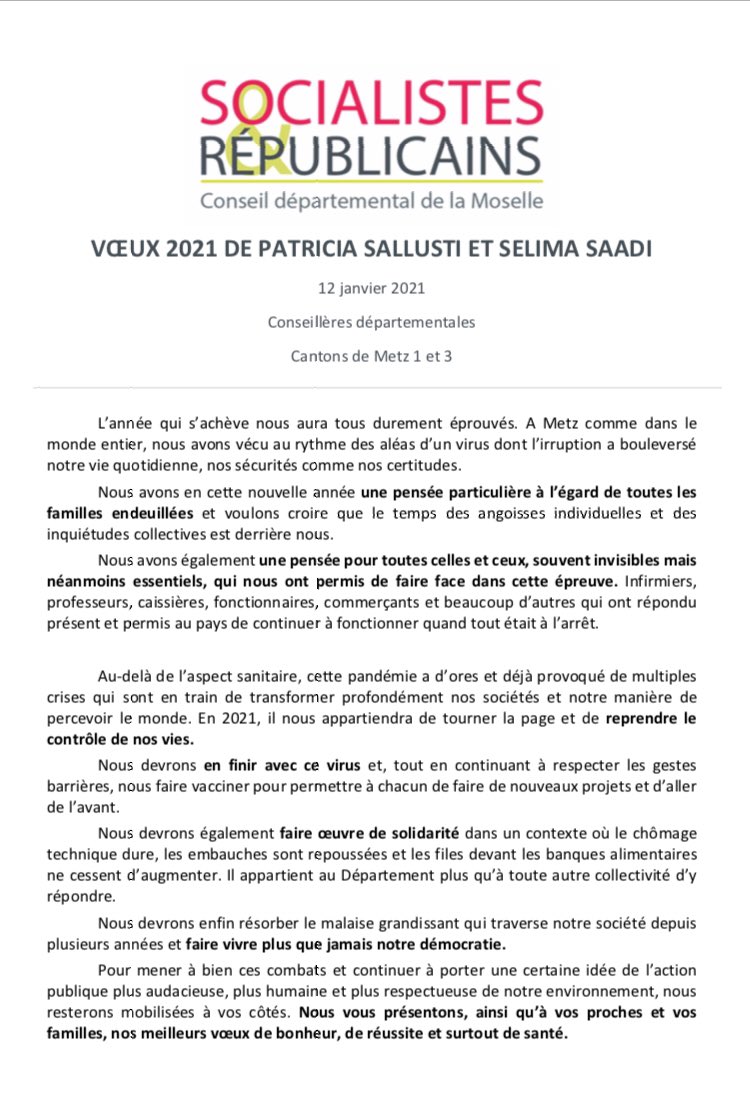 GaucheCD57's tweet photo. Voeux de Patricia SALLUSTI et @saadi_selima, Conseillères départementales des cantons de Metz 1 et 3.
👇👇👇
#voeux #voeux2021 #metz #Moselle #Conseildépartemental #cd57 @LeRL_Metz @Hebdo_LaSemaine https://t.co/Hqm5LlkG7L