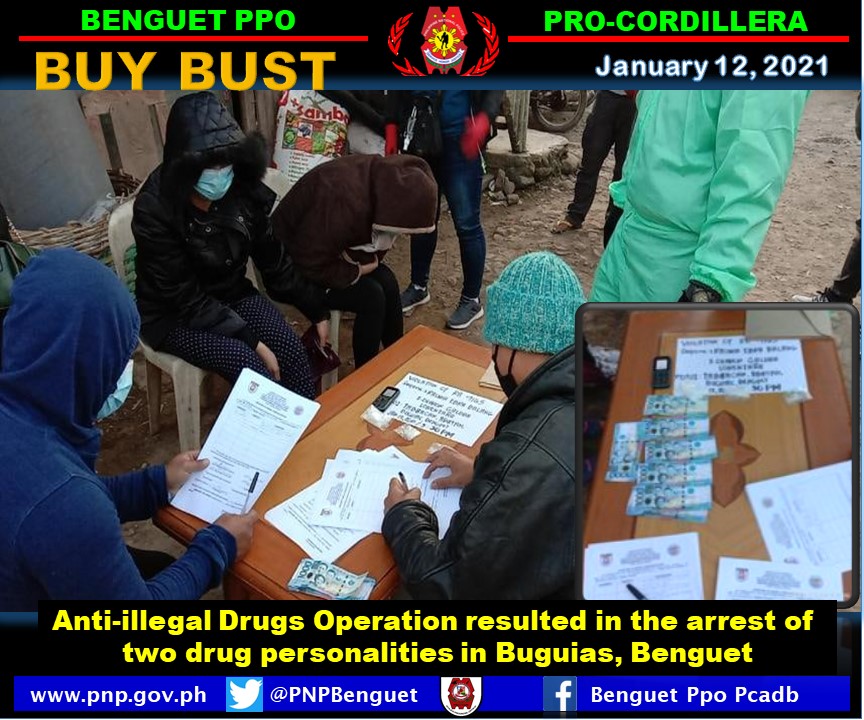 PNPBenguet_PPO's tweet photo. Two female drug personalities arrested by quick-witted Benguet PNP in a buybust operation in Buguias, Benguet. 

27.37grams of suspected shabu worth PhP186,116.00 were seized in their posession.

#IntensifiedAntiIllegalDrugsOperation
#NoLetUp https://t.co/fct3aJmUwP