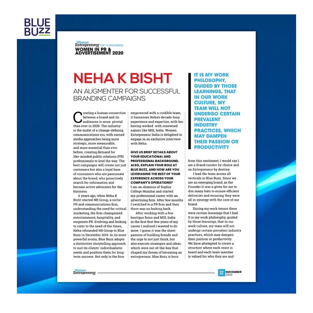 BlueBuzz6's tweet photo. Our Co-founder Neha K Bisht recently had a tete e tete with Women Entrepreneur magazine and here is what came out of that. We hope you enjoy the read!

#WomenEntrepreneursIndiaMagazine 
#WomeninPRandAdvertisingInterview 
#BlueBuzz #BlueBuzzLife #socialmediamarketing #Agencylife https://t.co/q51SkYHN7a