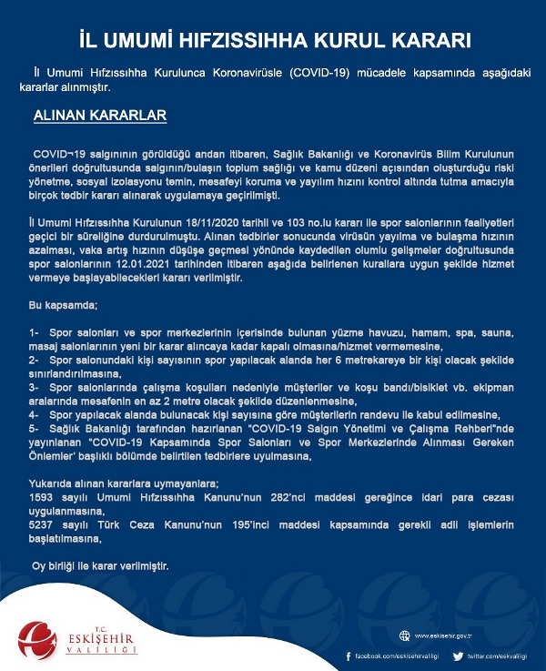 Spor Salonlarının Faaliyetleri ile İlgili Alınan İl Umumi Hıfzıssıhha Kurul Kararı
⬇️⬇️⬇️

eskisehir.gov.tr/spor-salonlari…