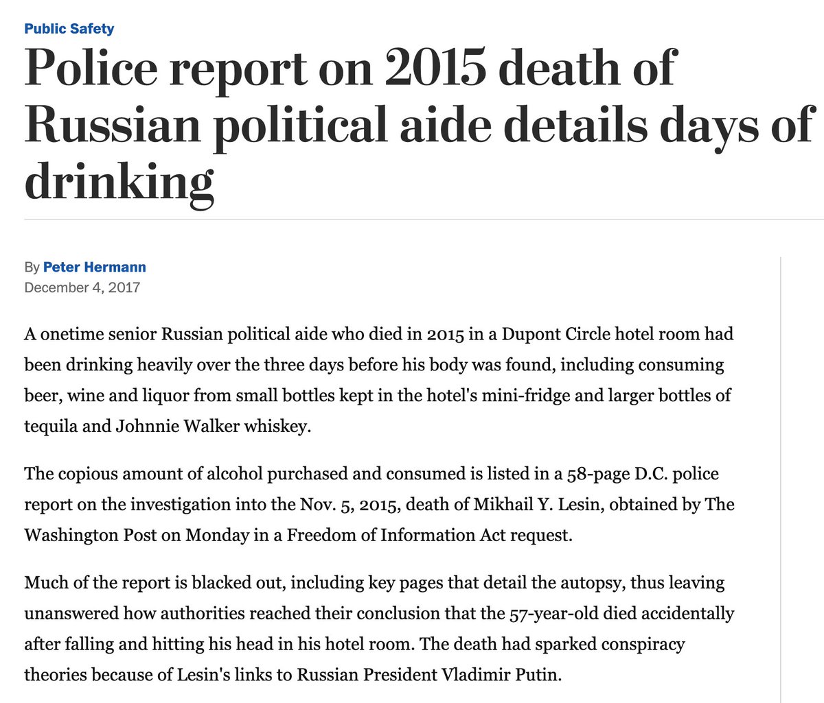 (DOCUMENT4) For what it's worth—likely nothing, beyond being a curiosity—this is the most famous suspected assassination that Putin made look like a suicide.It happened in Washington, D.C. while Trump was a presidential candidate.