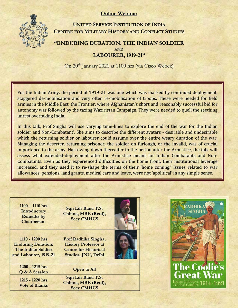 USI_CAFHR's tweet image. Join us on Wednesday, 20 January 2021 at 1100 hrs for a talk on "Enduring Duration: The Indian Soldier and Labourer, 1919-21" by Prof Radhika Singha. 

She is currently a History Professor at the Centre for Historical Studies, JNU, New Delhi.  

(1/2)
