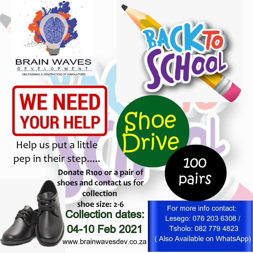 Brainwaves_dev's tweet photo. We are running a SHOE DRIVE, as the schools are about to open many learners in underprivileged schools and communities won't have the luxury of having new school shoes.

We ask that you make your donations with us, and spread the word.

Thank you.❤️
#ShoeDrive
#Back2School https://t.co/dFtAU4GeX9