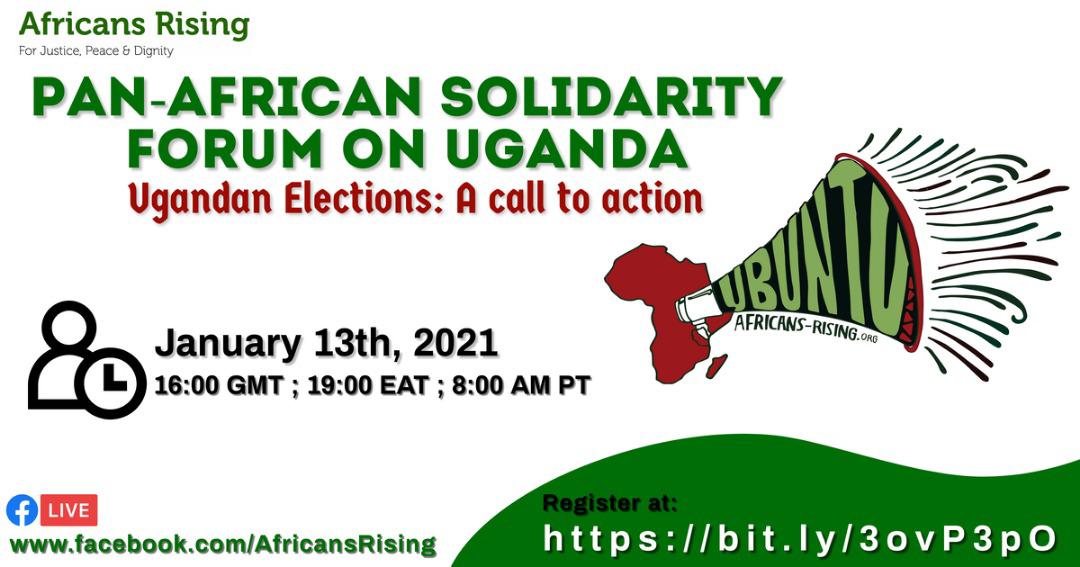 AfricansRising's tweet photo. Join Africans Rising and special guests this Wednesday at 4:00 PM (GMT), for an engaging discussion around the Ugandan elections and the state of affairs transpiring in the country. 

#weareremovingadictator
#UgandaDecides 
#EyesOnUganda
#Rise4ourlives 
#AfricansRising https://t.co/l77n45RHHW