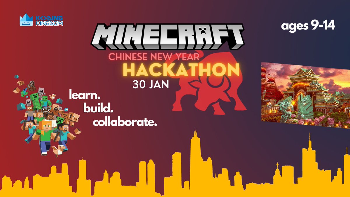 KodingOfficial's tweet image. On 30 Jan, our Minecraft CNY Online Junior Hackathon celebrates traditional Chinese culture and invites your  child to build and learn to code with their friends from the safety of your home! 

We&apos;d love for you to join - just send us a DM! 

#chinesenewyear #coding #minecraft
