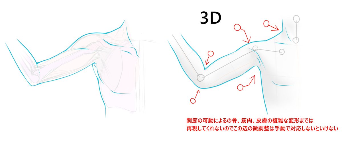 3Dをアタリに使ってる人あるあるだと思うんですけど簡易的なモデリングの3DCGって骨じゃなくて各間接のある棒人間に型抜きしたゴム成の外皮をそのまま貼り付けてる感じなので
割と3D使ってても地のデッサン力って必要なんですよね…
高い3Dモデルならそんなことないかもしれないですけど 