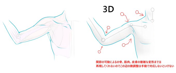 3Dをアタリに使ってる人あるあるだと思うんですけど簡易的なモデリングの3DCGって骨じゃなくて各間接のある棒人間に型抜きしたゴム成の外皮をそのまま貼り付けてる感じなので
割と3D使ってても地のデッサン力って必要なんですよね…
高い3Dモデルならそんなことないかもしれないですけど 