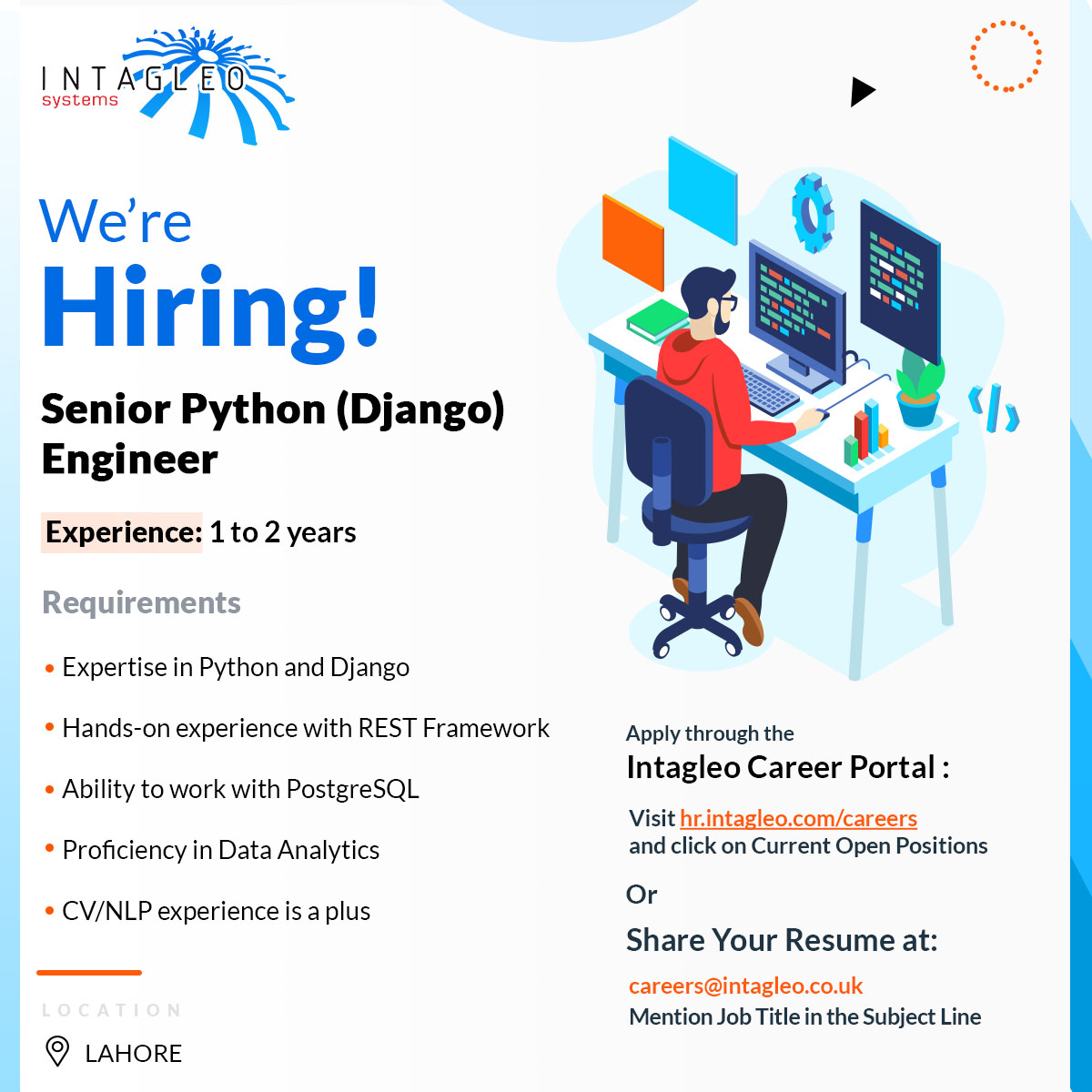 Intagleo's tweet photo. Intagleo Systems is Hiring.

Apply Now!

#workatintagleo #joinintagleo #lifeatintagleo #intagleosystems #jobsearch #lahore #resume #career #softwaredevelopment #intagleo #Jobs #urgent #HIRINGNOW #python #engineer #pythondeveloper #pythonprogrammer #pythonjobs #pythondevelopers https://t.co/1HSs3zC1cX