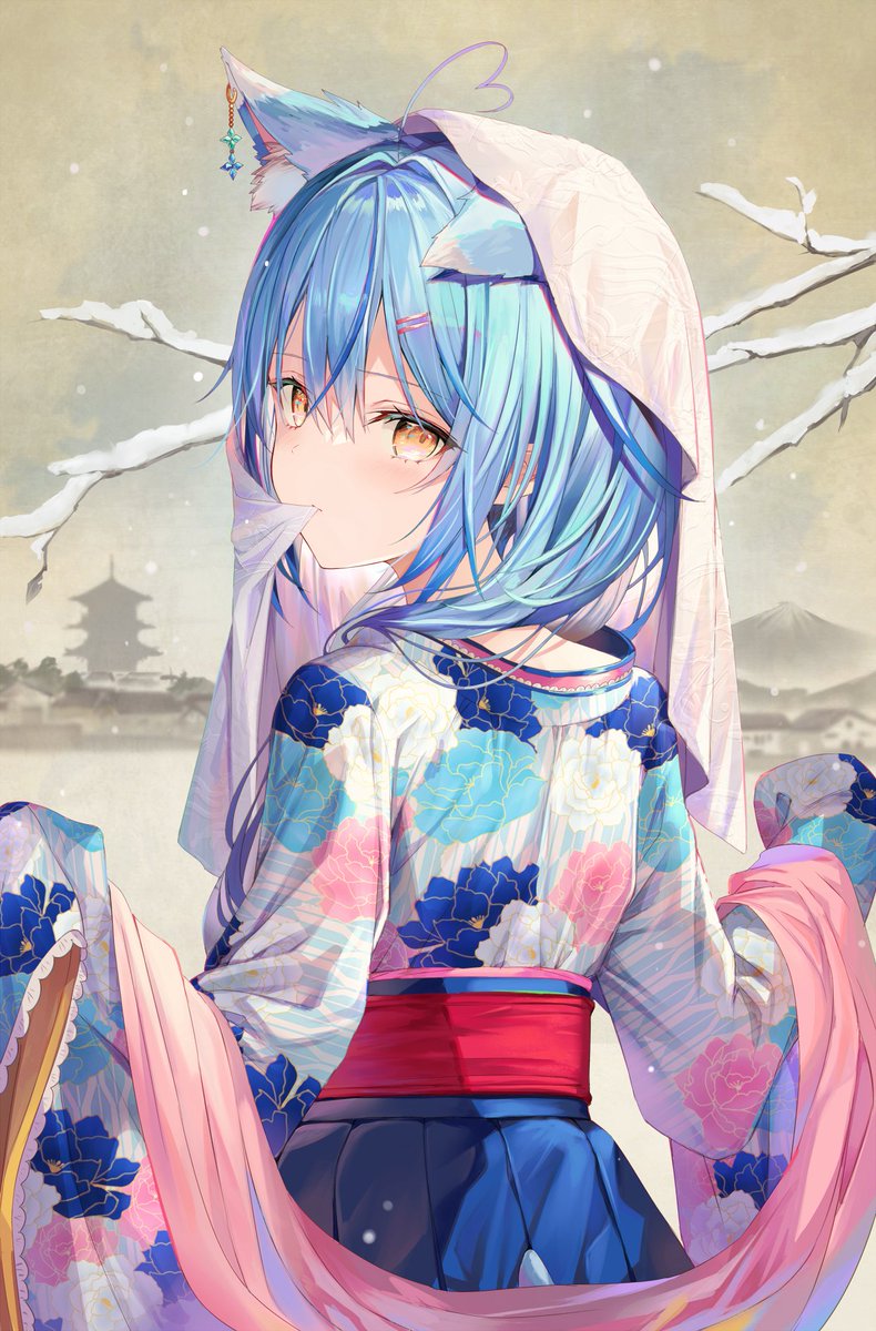 yukihana lamy 1girl solo blue hair animal ears japanese clothes kimono ahoge  illustration images