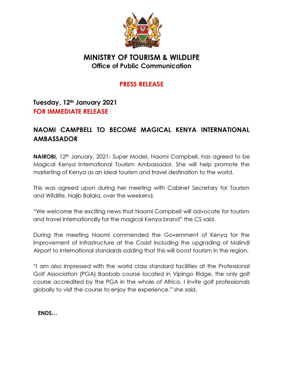 NAOMI CAMPBELL TO BECOME MAGICAL KENYA INTERNATIONAL AMBASSADOR.