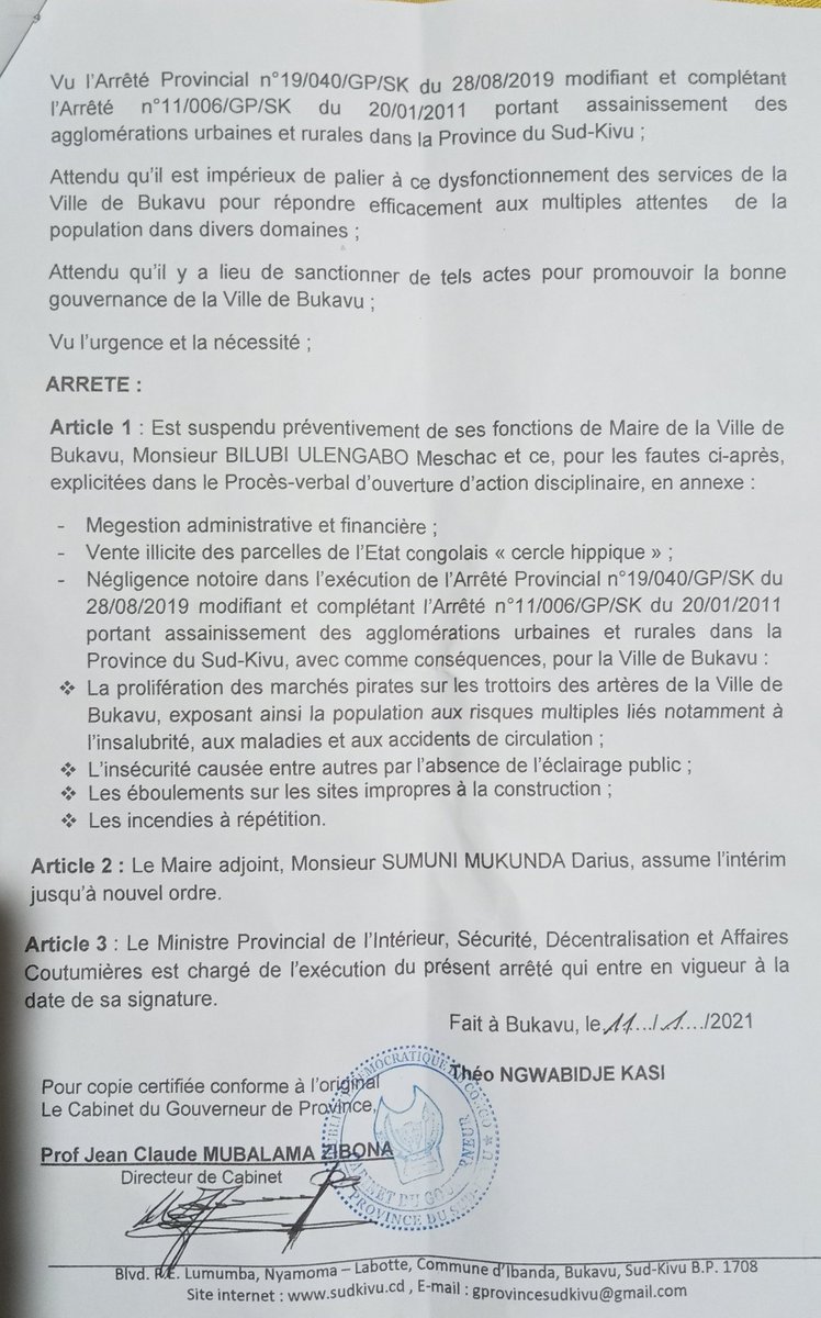 GouvSudkivu's tweet photo. Deux arrêtés du Gouverneur de Province Théo NGWABIDJE KASI @TheoKASI. L'un portant nomination d'un Directeur de la #DPMER et l'autre portant suspension préventive du maire de la Ville de #Bukavu. 👇 https://t.co/lXYKtvwhVI