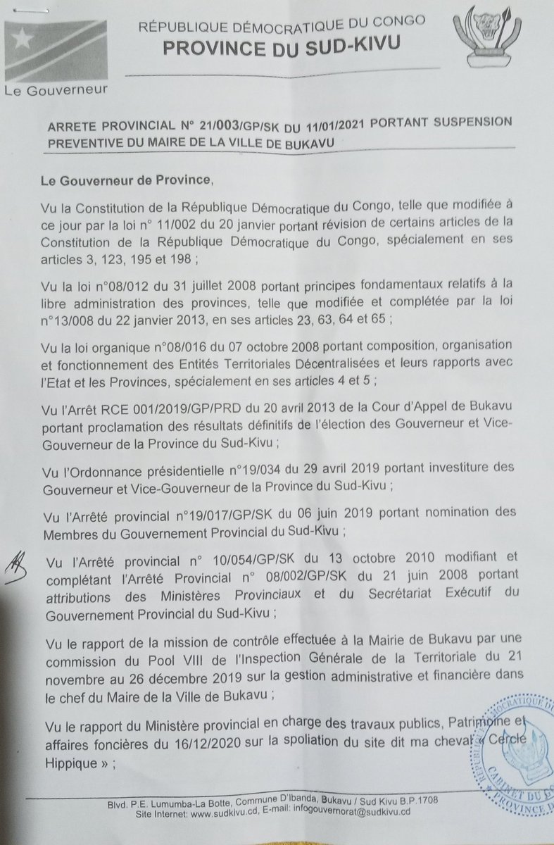 GouvSudkivu's tweet photo. Deux arrêtés du Gouverneur de Province Théo NGWABIDJE KASI @TheoKASI. L'un portant nomination d'un Directeur de la #DPMER et l'autre portant suspension préventive du maire de la Ville de #Bukavu. 👇 https://t.co/lXYKtvwhVI