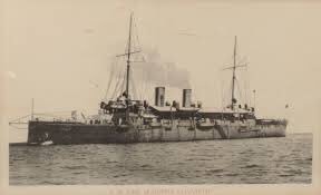In the Pacific during 1914 the Protected cruiser SMS Kaiserin Elisabeth was representing the Austro-Hungarian Navy and flying the flag for the Dual monarchy. She was an elderly vessel (launched in 1890) with a main battery of 2 x 9.4" and 6 x 5.9" guns