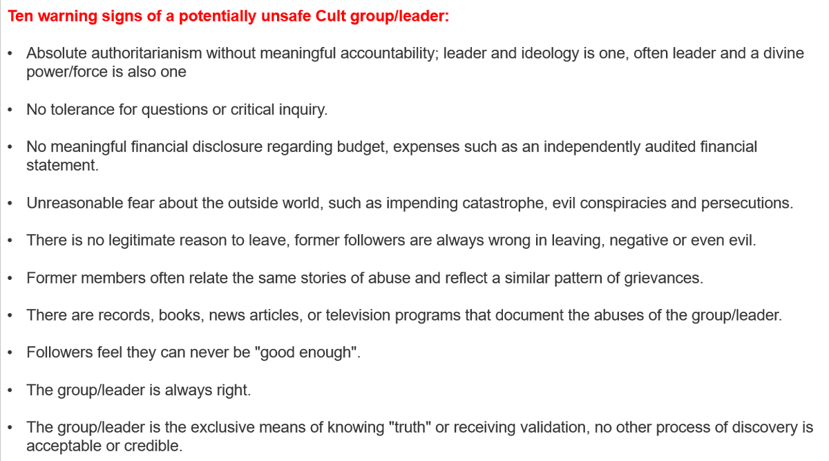 The 10 warning signs of a potentially dangerous or unsafe cult/group/leader.