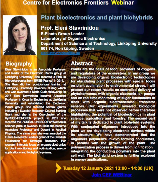 CElFrontiers's tweet photo. Join us for #CEFSeminar on TODAY at 13.00 with Prof Eleni Stavrinidou!
"Plant bioelectronics and plant biohybrids"
https://t.co/sKYZhI7SfC https://t.co/SvDwmUDp9U