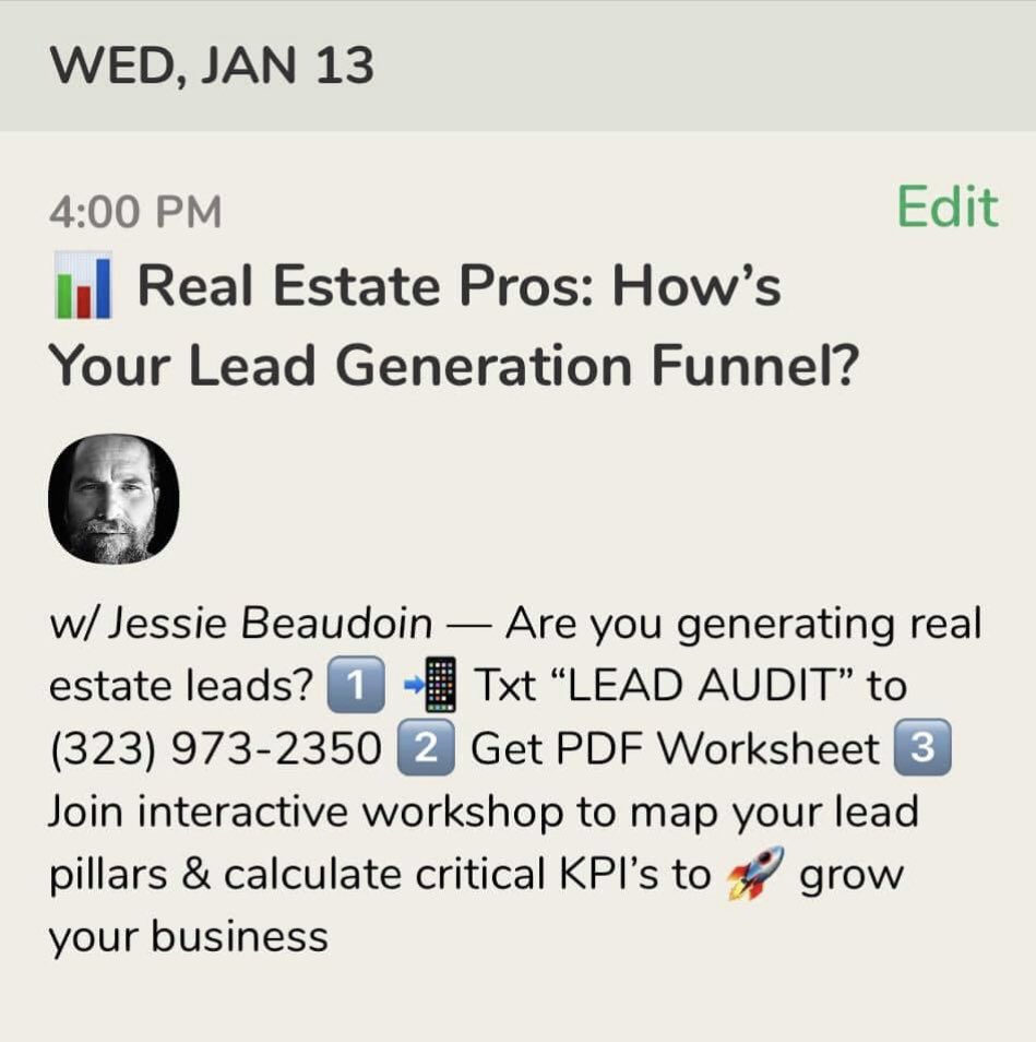 Are you real estate pro on Clubhouse? Text “Lead Audit” to (323) 973-2350 to get free PDF worksheet. Join <a href="/onehappyguy/">Jessie Beaudoin</a> for an interactive call as we help you track your leads &amp; calculate your critical KPI’s to build a profitable business.