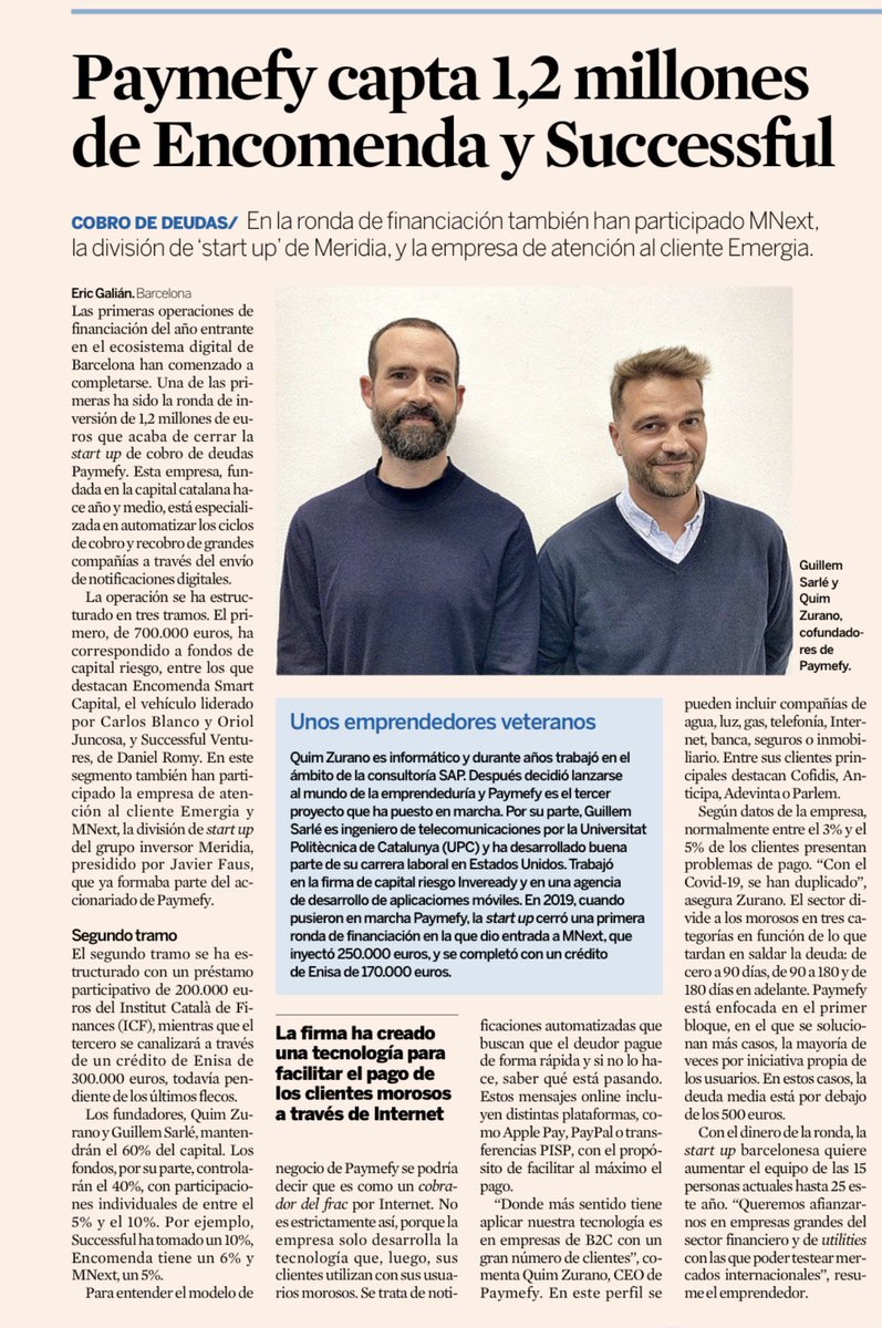 Felicidades a #Paymefy, startup aceleradora en <a href="/ConectorSpain/">Conector Accelerator</a>, por su ronda de inversión en la que ha invertido <a href="/EncomendaVC/">EncomendaVC</a>, pero sobre todo por las espectaculares métricas y crecimiento de estos últimos meses. 🚀