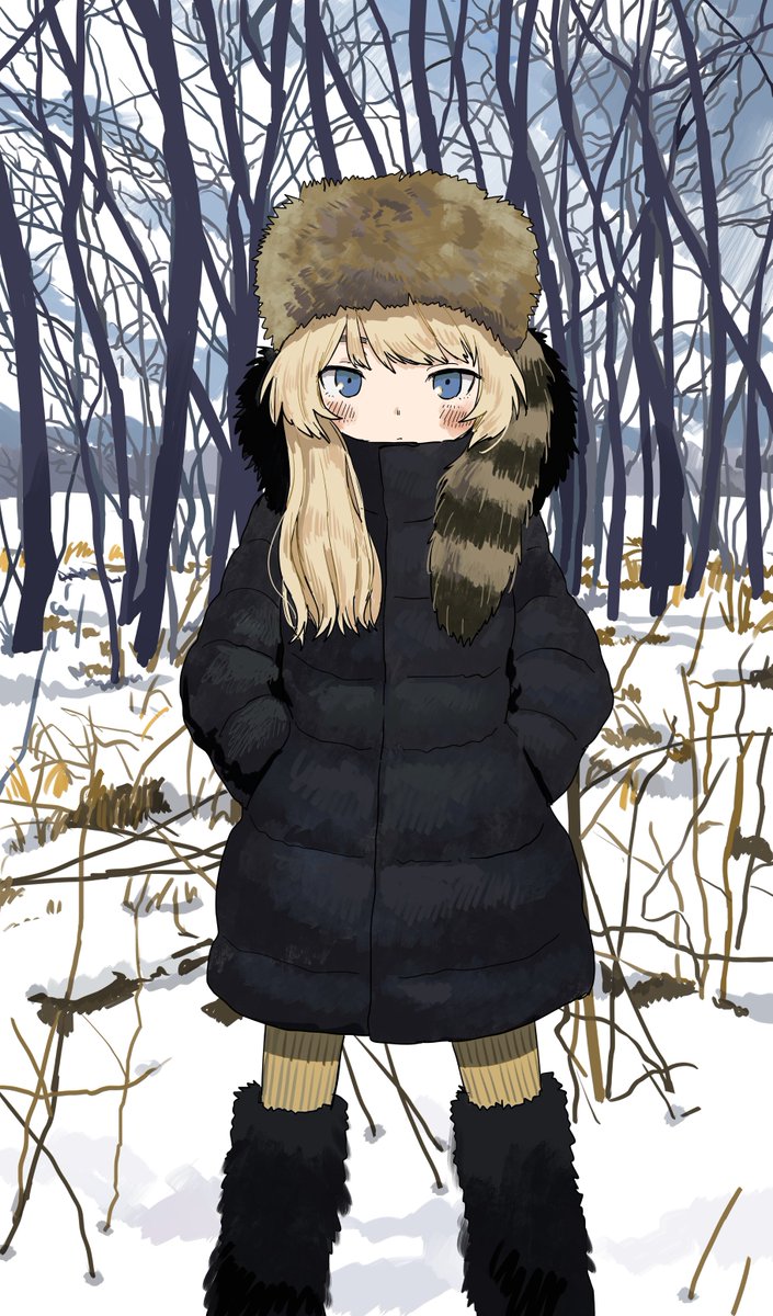 1girl solo blonde hair blue eyes hands in pockets long hair outdoors  illustration images