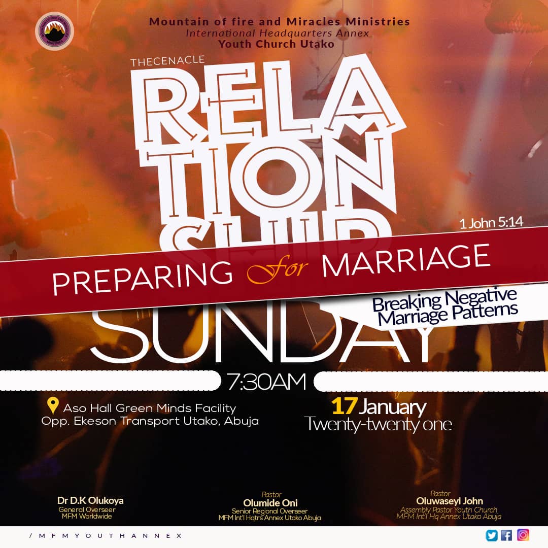 Mfmyouth_pr's tweet photo. One place one can't afford to make mistakes is in relationship and marriage. It another Sunday on relationship, come get answers to your relationship questions this Sunday 

#Cenacle
#mfmutako
#Relationship https://t.co/rSjPEYolbQ