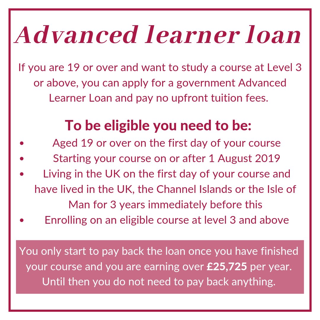 With our Level 3 courses, we offer the Advanced Learner Loan. This means that you are eligible to apply for a government Advanced Learner Loan where you do not have to pay any upfront tuition fees.

Click here to find out more: gov.uk/advancedlearni… or: bit.ly/2LLTiwI