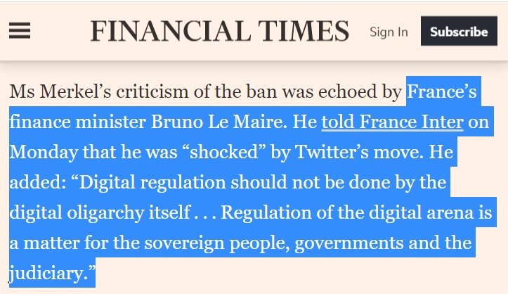Here is German Chancellor Angela Merkel's spokesperson and French Minister of Finance Le Maire quoted in the FT. Note none of them are on the "do nothing" wagon. But they want legislation, regulators, perhaps government in driving seat, not corporations  https://on.ft.com/3bxD6wm&nbsp;