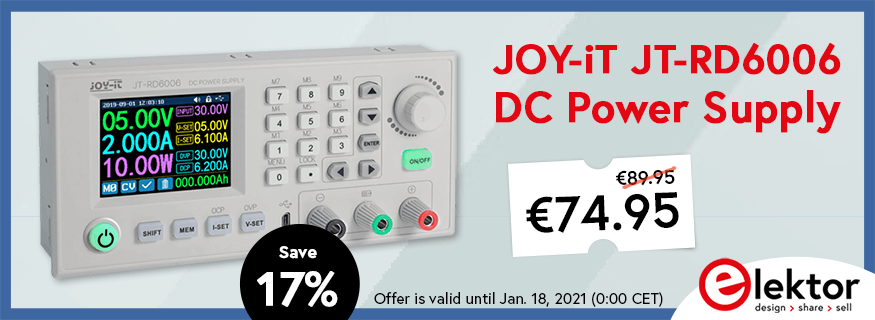 Elektor's tweet photo. Need a programmable power supply? Of course you do! Save BIG on this step-down power supply (60 V, 6 A) with 2.4" color display.
👉 https://t.co/BP8P03KrPK
#powersupply #current #voltage #labtool #measurement https://t.co/Mv2xQhw4aP