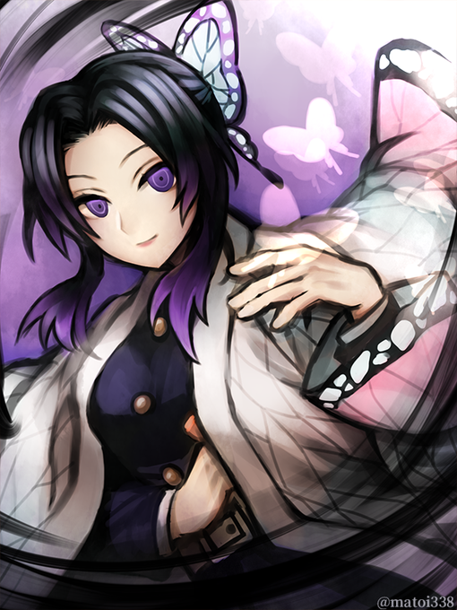 笹葉まといさんがTwitterに投稿した胡蝶しのぶ(鬼滅の刃)のイラスト。