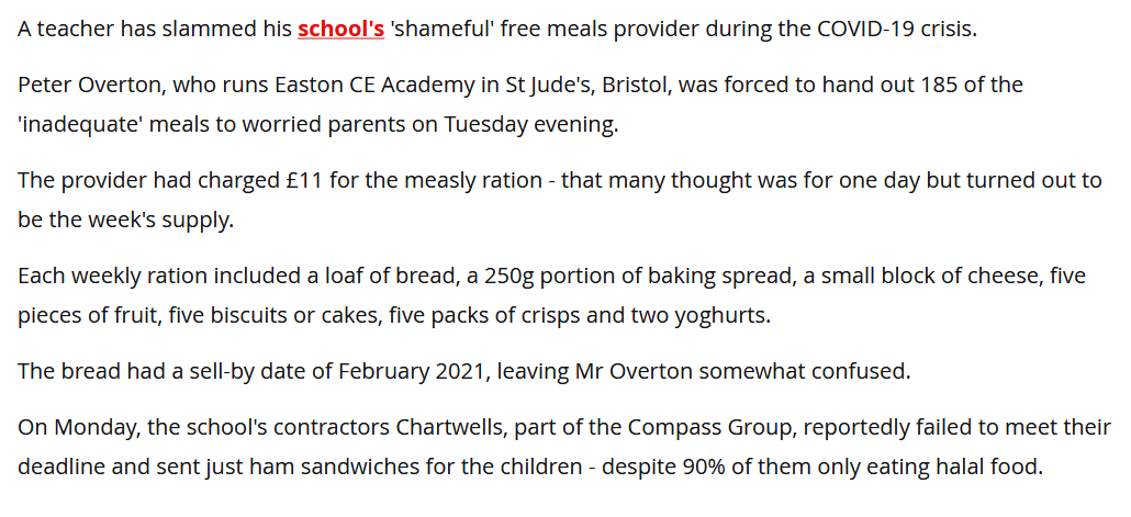 Not to get political on main (hahahahahaha) but the company responsible for this, Chartwells, which the Tories handed the school meals contract to, has prior form in depriving children of food, so it's hard not to read deliberate intent into this: https://www.mirror.co.uk/news/uk-news/teacher-slams-free-meals-provider-21757484  https://twitter.com/RoadsideMum/status/1348646428084760576