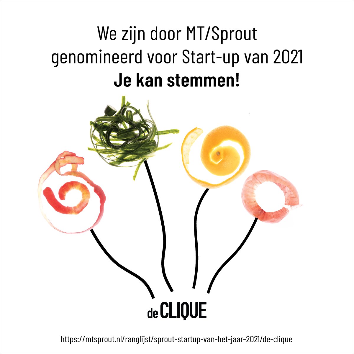 Stem ons naar de finale! Het jaar is maar net begonnen en <a href="/clique_de/">De Clique</a> is nu al door @MT/Sprout genomineerd voor Start-up van het jaar 2021.

mtsprout.nl/ranglijst/spro… 

Bij genoeg stemmen hebben we gegarandeerd een plek in de finale. En daar zijn we natuurlijk graag bij.