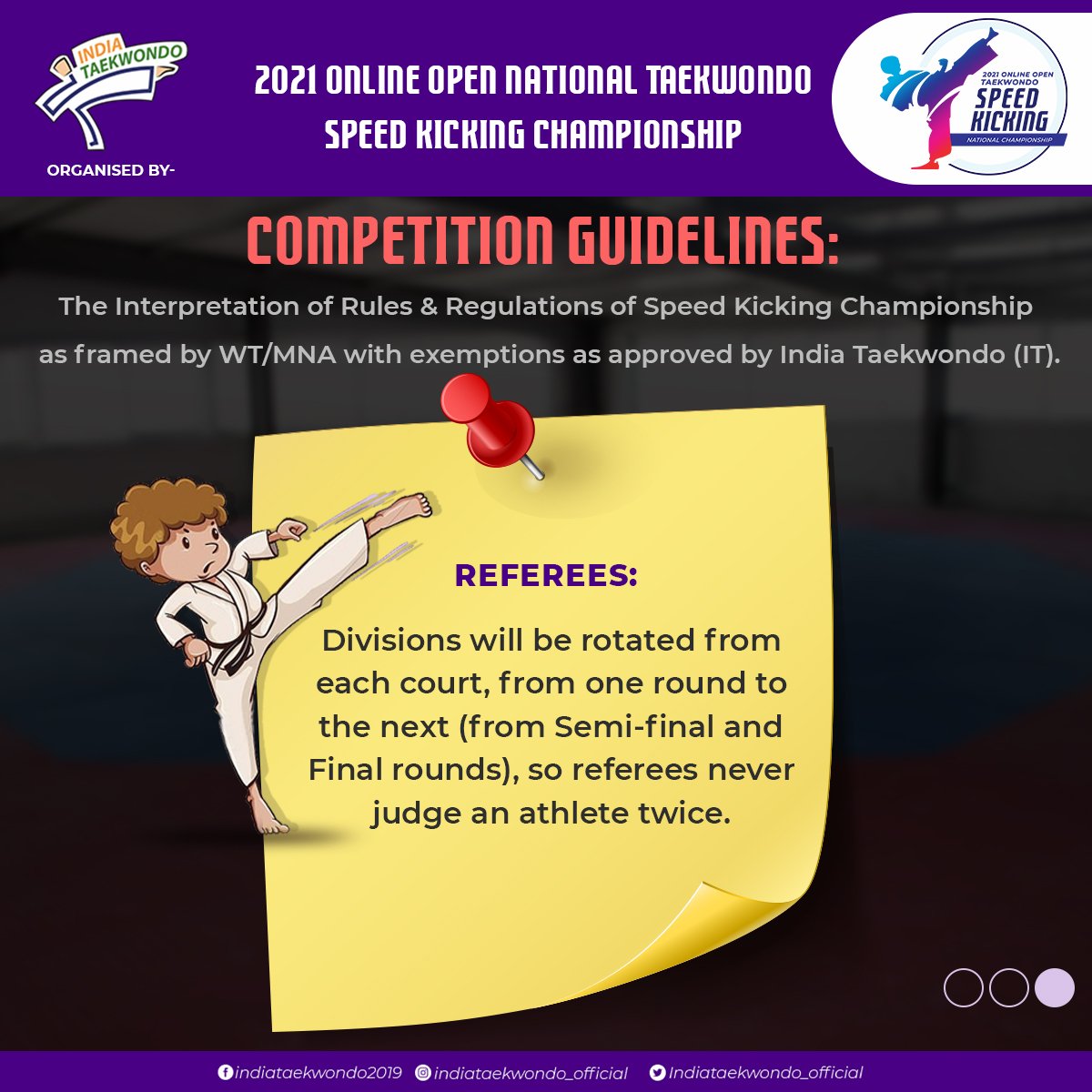 india_taekwondo's tweet photo. Competition Rules for The 2021 Open National Taekwondo Speedkicking Championship
Registration to start soon!
#indiataekwondo #indiantaekwondo #taekwondoinindia #taekwondoindia #worldtaekwondo #nationalspeedkickingchampionship2021 #speedkicking #speedkickathletes #taekwondo https://t.co/0OpNlb6maB
