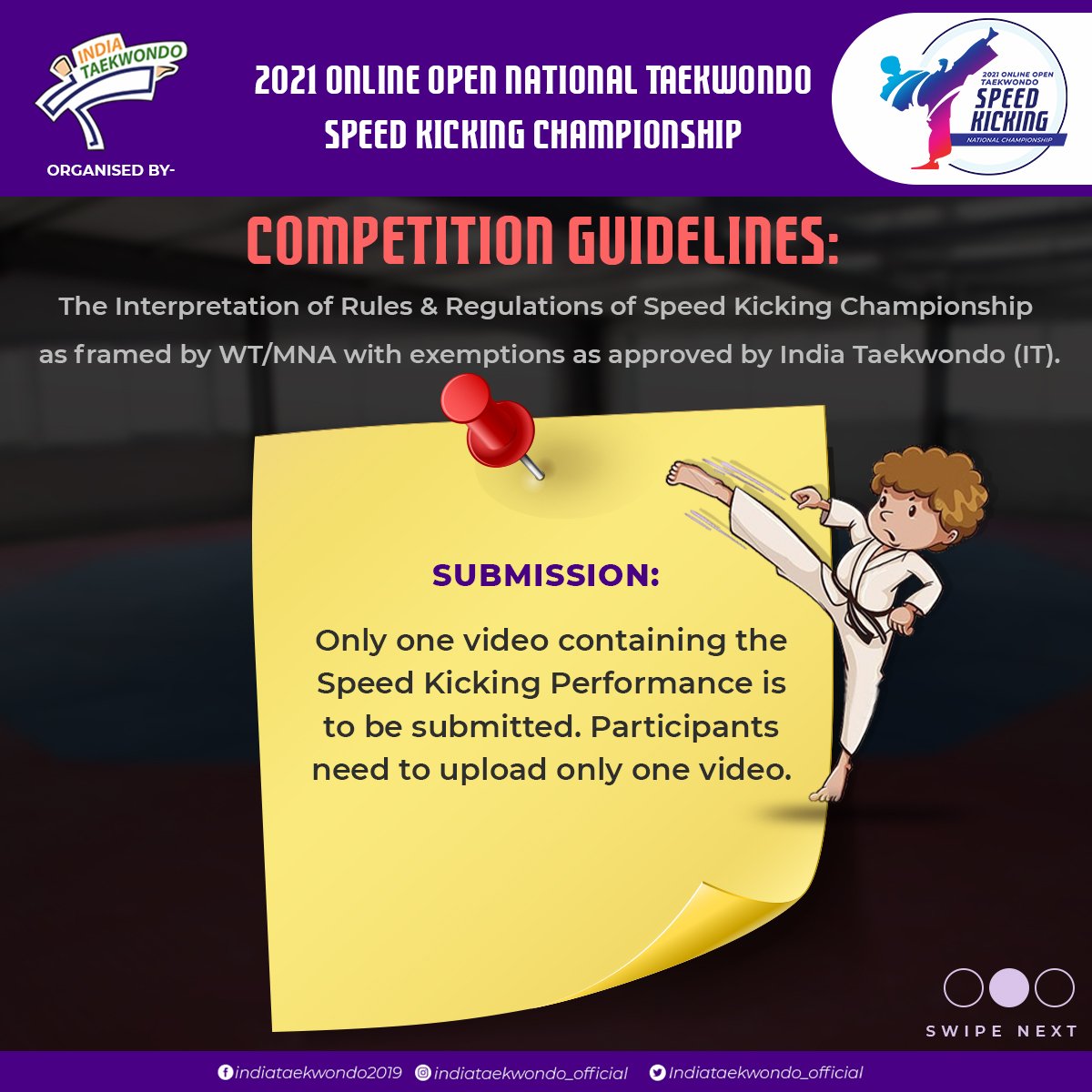 india_taekwondo's tweet photo. Competition Rules for The 2021 Open National Taekwondo Speedkicking Championship
Registration to start soon!
#indiataekwondo #indiantaekwondo #taekwondoinindia #taekwondoindia #worldtaekwondo #nationalspeedkickingchampionship2021 #speedkicking #speedkickathletes #taekwondo https://t.co/0OpNlb6maB