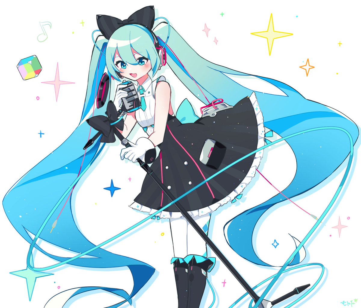 hatsune miku ,magical mirai miku 1girl microphone stand solo long hair cable microphone bow  illustration images