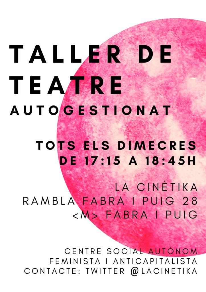 🔥DIMECRES TORNA EL TALLER DE TEATRE autogestionat🔥

En què consisteix? Un membre diferent cada dimecres es prepara les classes i fa de profe, pot enfocar-ho al que més li agradi: musical, Impro. 
⚡Obertxs a noves propostes⚡

🕓Dimecres de 17:15 a 18:45 a la Sala 9 de la Cine.