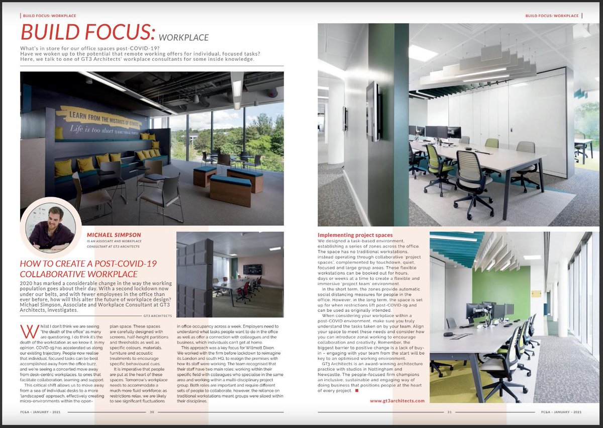 _GT3Architects's tweet photo. Hot off the press! For their first edition of 2021, @fcamagazine spoke to GT3's Michael Simpson about what the future of the workplace will look like in a post-COVID-19 landscape.

Click here for the full article: https://t.co/mAbSf2IVFR

#Architecture #Architect #FutureWorkplace https://t.co/oLHiMjHB1m