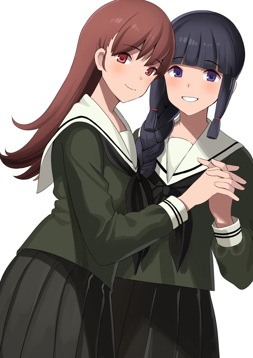 kitakami (kancolle) ,ooi (kancolle) multiple girls 2girls school uniform braid black hair long hair serafuku  illustration images
