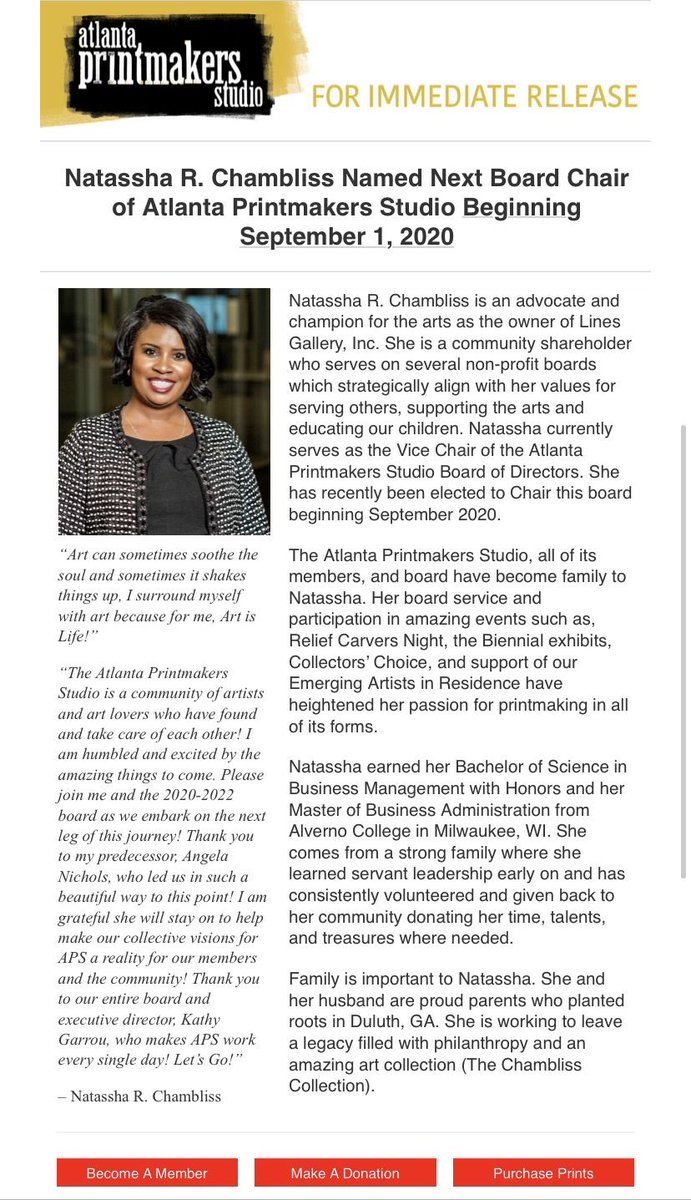 A few months have past since I assumed this role and we’ve been putting in work ever since...in spite of a few challenges ....COVID-19, Social Distancing... you know. We are prepping for a fantastic 2021! Printmakers and APS Community check is out atlantaprintmakersstudio.org