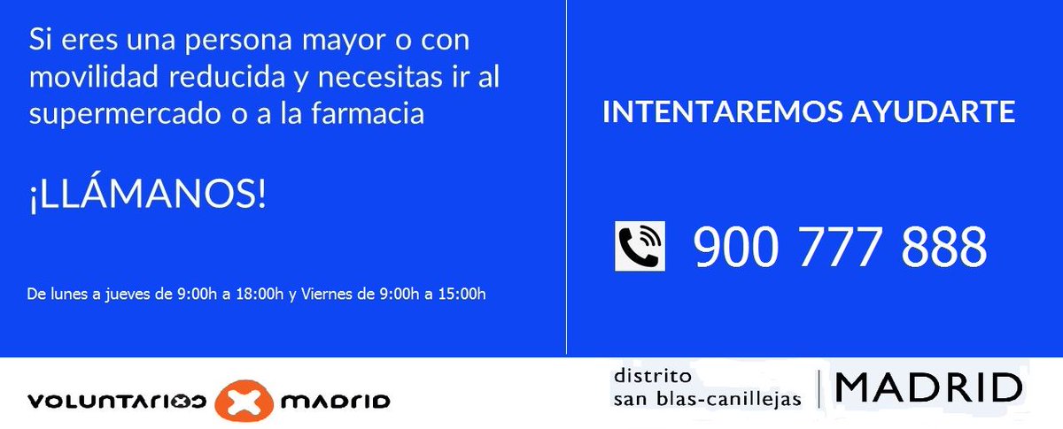JMD_SanBlas's tweet photo. 🔴 Si eres una persona mayor o con movilidad reducida y necesitas ir al súpermercado o a la farmacia, llámanos al 900 777 888. Desde la @JMD_SanBlas y @voluntmadrid  intentaremos ayudarte lo antes posible. https://t.co/cg1Ej65aUO