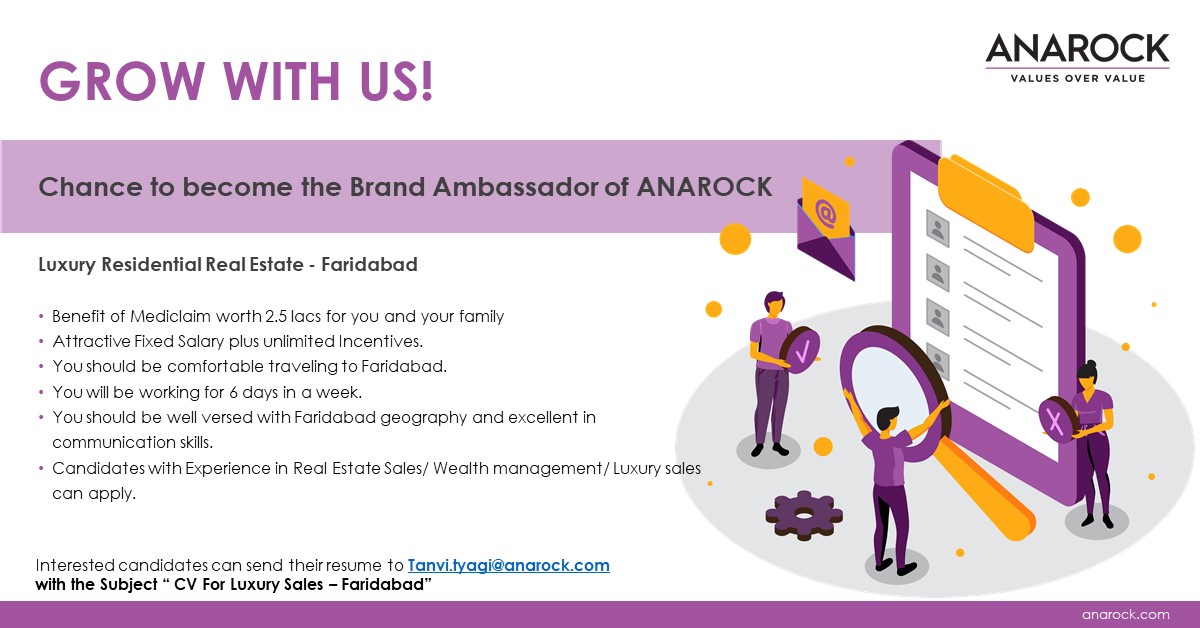 ANAROCK's tweet photo. Looking to give your career the right boost? We are looking for Residential - Luxury Sales Associates to join our team in #Faridabad Interested candidates can mail their resume to tanvi.tyagi@anarock.com #JoinUs #TeamANAROCK #WeMakeWorkFun #NewAgeNewWays #GPTWCertified https://t.co/xrl9PByzK3