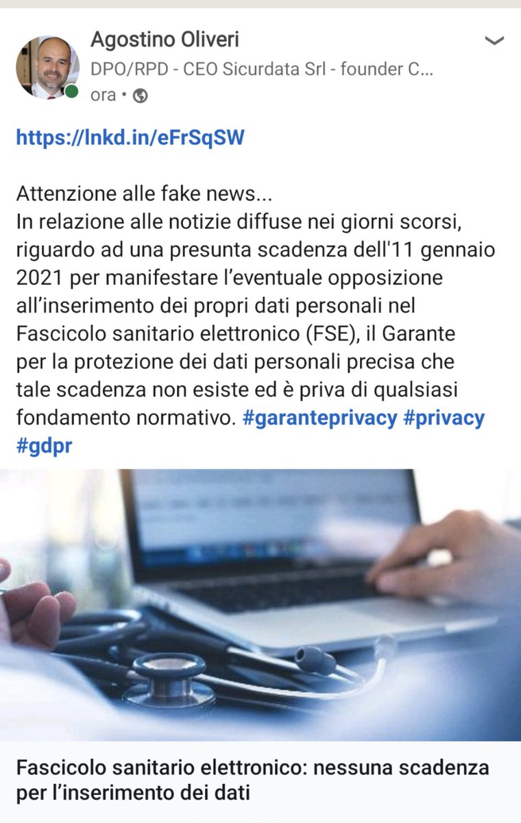 C_C_D_P's tweet photo. Attenzione alle fake news...
In relazione alle notizie diffuse nei giorni scorsi, riguardo ad una presunta scadenza dell'11 gennaio 2021 nel Fascicolo sanitario elettronico (FSE), il Garante per la protezione dei dati personali precisa che tale scadenza non esiste. https://t.co/2IkX0NAEHS