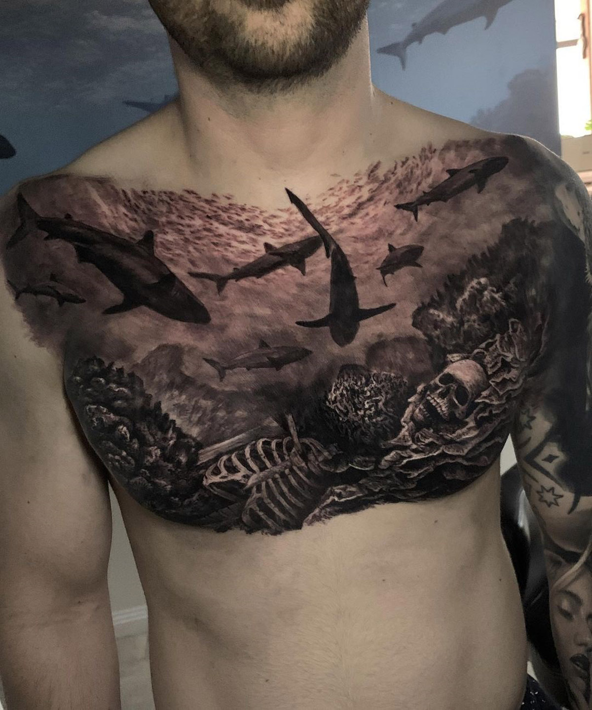 Tattoo Ideas on X: "Sharks Chest Tattoo https://t.co/FzKm8kfcMB https://t.co/6V9PybfNqX" / X