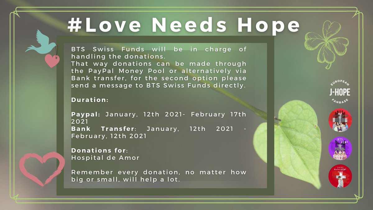 JHopeTeamEurope's tweet photo. #LoveNeedsHope 
To celebrate J-Hope's birthday Swiss Armys will raise money and donate in his name to Hospital de amor (Hospital of love)
They treat patients with cancer for free. 
If you would like to donate pls read carefully the informations below.
We are their Hope! #제이홉 https://t.co/DMkm10kDsS
