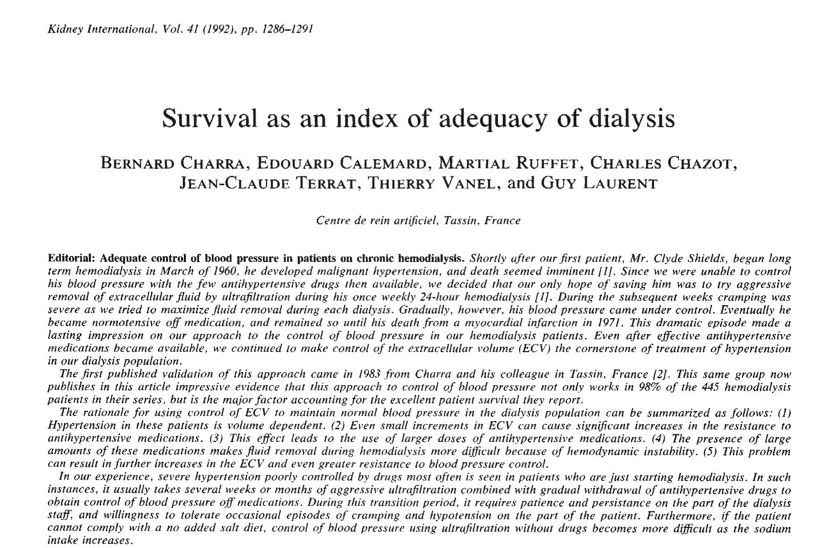 ISNeducation's tweet photo. Dr.Scribner believed Kt/V and the appeal of shorter dialysis to uninformed patients and for-profit dialysis centers resulted in underdialysis of most pts, often quoted the Tassin survival results with 3Xweekly 8hr dialyzes #NephHistory #Nephtwitter #NephTrivia seminal paper👇 https://t.co/lqQIFylbkw