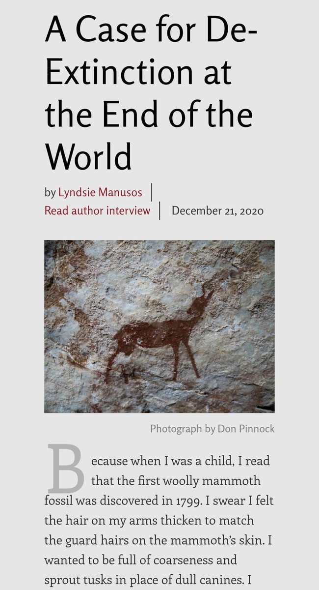 12. "A Case for De-Extinction at the End of the World" by Lyndsie Manusos. Available online at:  http://www.smokelong.com/a-case-for-de-extinction-at-the-end-of-the-world